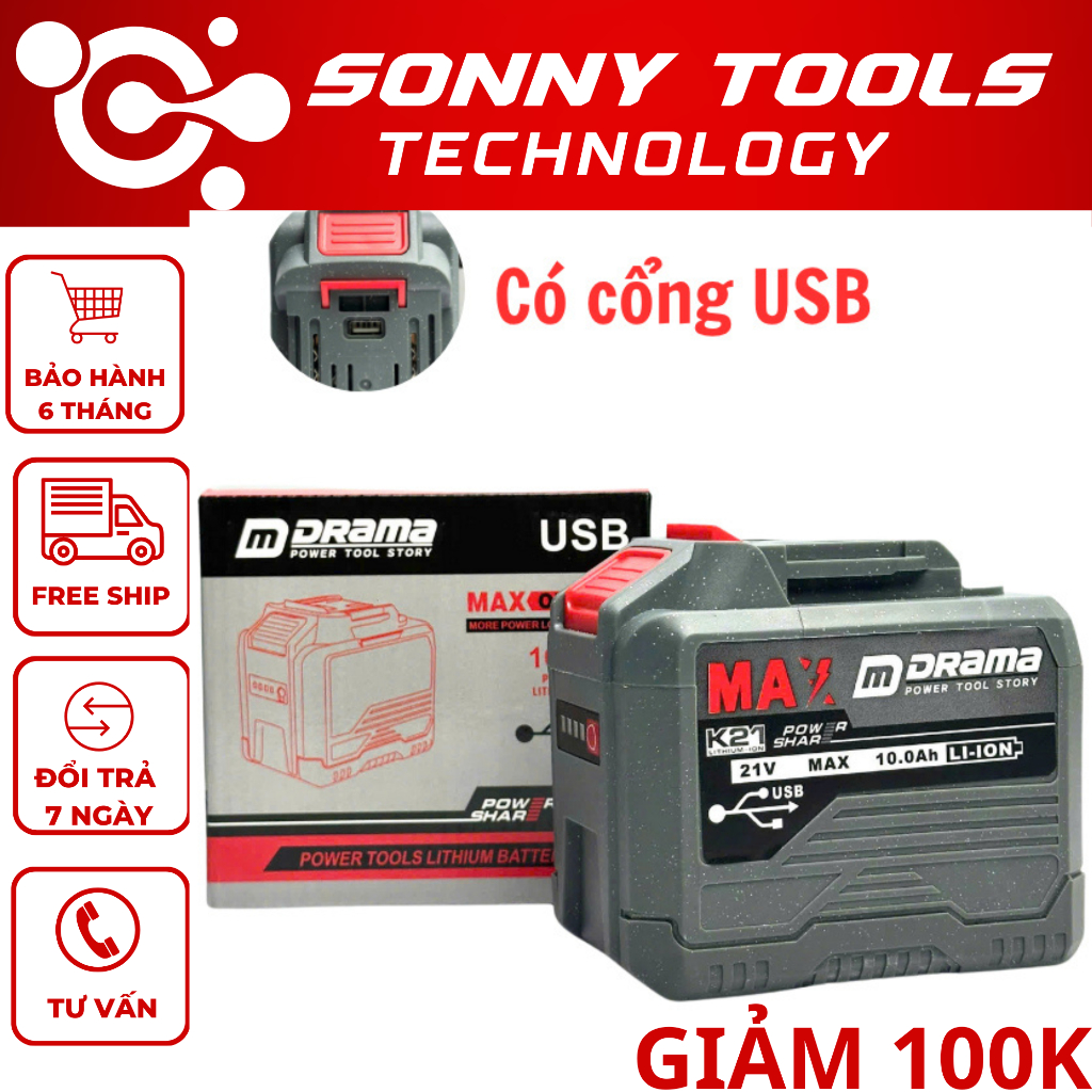 Pin 20 Cell Drama 10Ah Mạch 4 Mosfet Có Cổng Cắm USB - Chân Pin Phổ Thông, Có Đèn Led Báo Pin