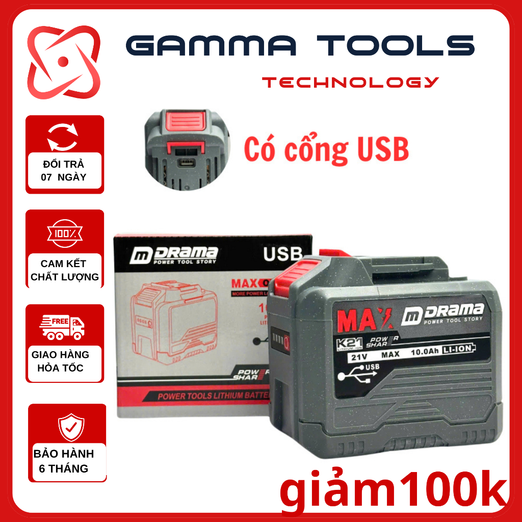 Pin 20 Cell Drama 10Ah Mạch 4 Mosfet Có Cổng Cắm USB - Chân Pin Phổ Thông, Có Đèn Led Báo Pin