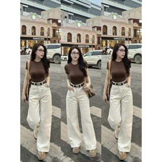 Quần Bò Jeans Nữ Ống Rộng, Quần Bò Denim Suông Ống Rộng Trơn Màu Be Bản Cạp Cao Siêu Hách Dáng Cực Đỉnh