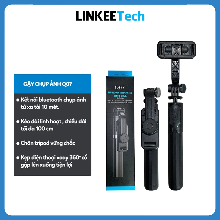 Gậy Chụp Ảnh 3 Chân Q07 100cm kèm Remote Chụp Hình từ xa Tự Sướng Selfie Tripod đa năng Giá Đỡ Livestream Linkeetech