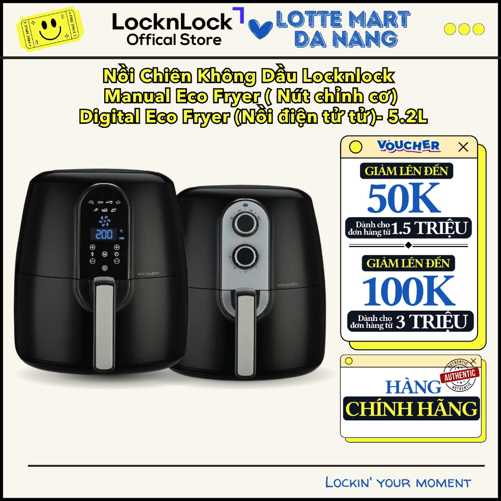 Nồi Chiên Không Dầu Locknlock Manual Eco Fryer Nồi Cơ- Điện Tử Lock&Lock Chính Hãng - 5.2L EJF151BLK