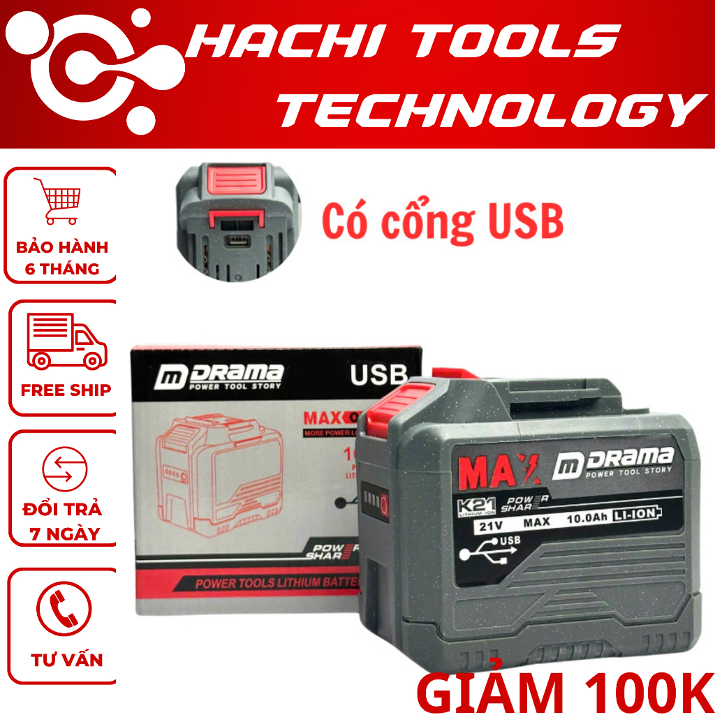 Pin 20 Cell Drama 10Ah Mạch 4 Mosfet Có Cổng Cắm USB - Chân Pin Phổ Thông, Có Đèn Led Báo Pin