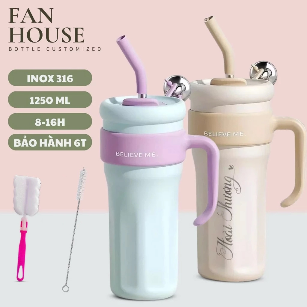Ly giữ nhiệt Believe Me inox 316 cao cấp, cốc giữ nhiệt 1250ml có ống hút Fan House tặng charm 3D