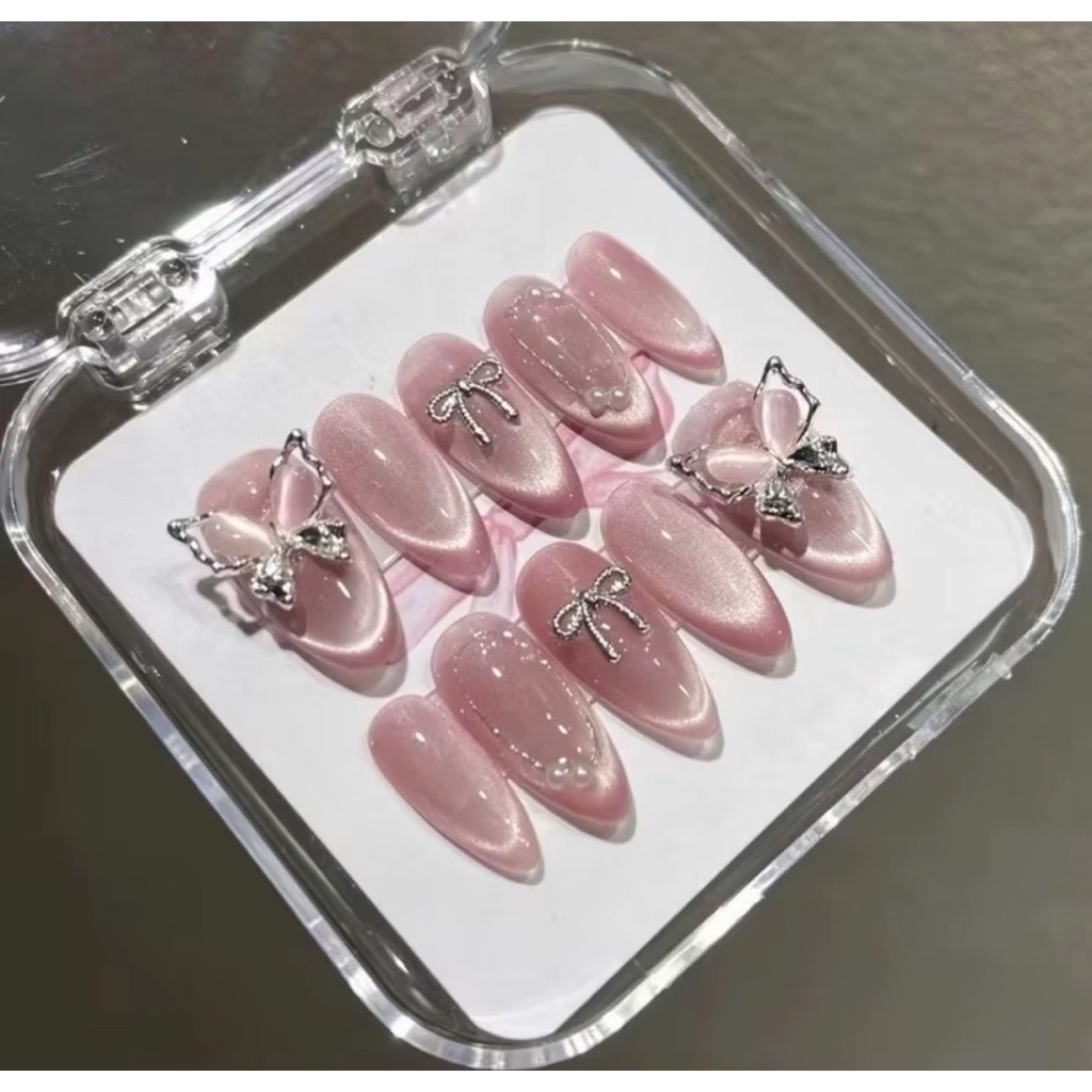  Móng tay giả - Nailbox thiết kế mắt mèo ánh trăng tone hồng siêu xinh 