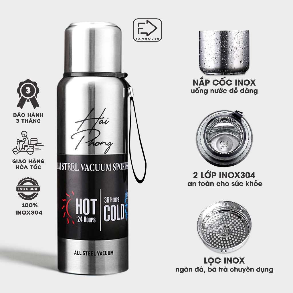 Bình giữ nhiệt cao cấp 24h Fan House bình nước nắp tách thành cốc toàn bộ bằng inox 304 có dây xách