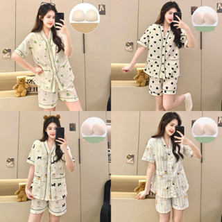 Bộ Ngủ Mặc Nhà Hoạ Tiết Có Đệm Ngực Dáng Áo Cổ V Phối Túi Nhỏ Hai Bên Phong Cách Thời Trang Nhẹ Nhàng