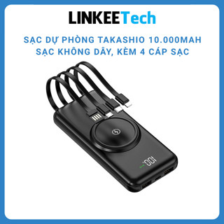 Sạc dự phòng TAKASHIO 10000mAh sạc nhanh tích hợp sạc không dây, mini dung lượng lớn có sẵn nhiều dây sạc