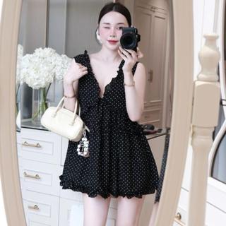 Váy Tơ Chấm Bi Cổ V Phối Viền Bèo Dành Cho Nữ By Trang Mun K76