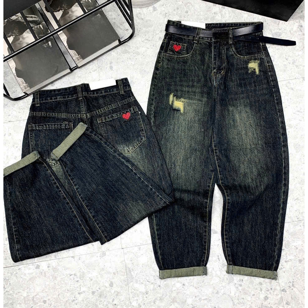 quần jean nữ baggy rách cá tính, baggy jean nữ cạp cao, jean không dãn