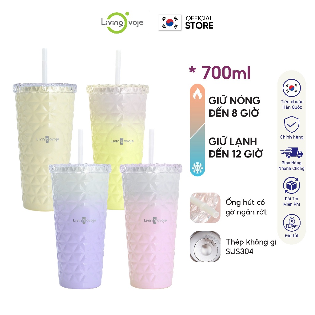 Ly giữ nhiệt có ống hút Living Ovoje 700ml, inox 304 an toàn