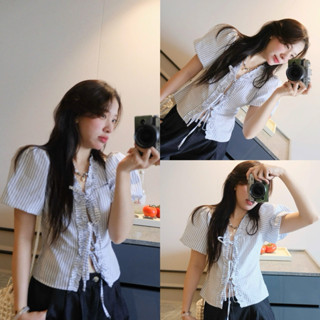 (ẢNH OLDSCHOOL) Áo sơ mi xẻ điệu kẻ sọc buộc dây nơ AUDREY TOP