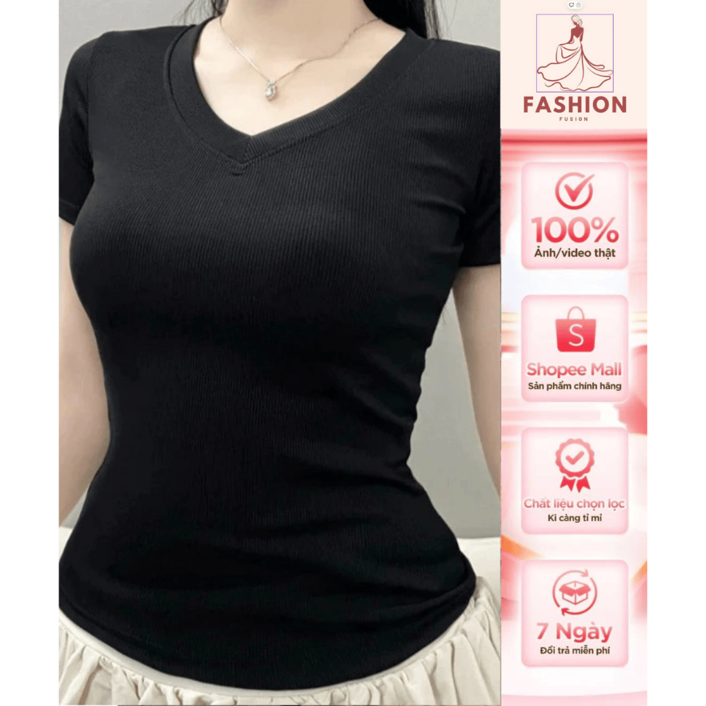 BARE_Áo Thun Trơn Nữ Cổ Tim, Áo Thun Tay Ngắn Vải Thun Gân Tăm Form Ôm Babytee_A454 Women Top....