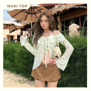 [Tặng Áo Quây] AH21 NARI TOP Áo Cardigan Nữ Chất Vải Thun Tăm Mềm Cột Dây Tay Dài Hoạt Tiết Hoa Mặc Kiểu Trễ Vai