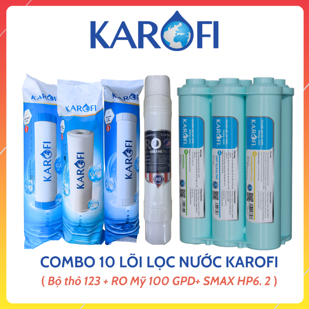 Combo 10 Lõi Lọc Nước Karofi Gồm Bộ Thô 123 RO Hàn Mỹ 100GPD Bộ Chức Năng HP6.2 Dùng Cho Máy Có Mode