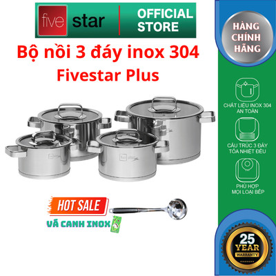 Bộ nồi inox 304 cao cấp FiveStar Plus FPB4007 quai vuông nắp kính size 16cm , 18cm , 20cm , 24cm , dùng được mọi bếp