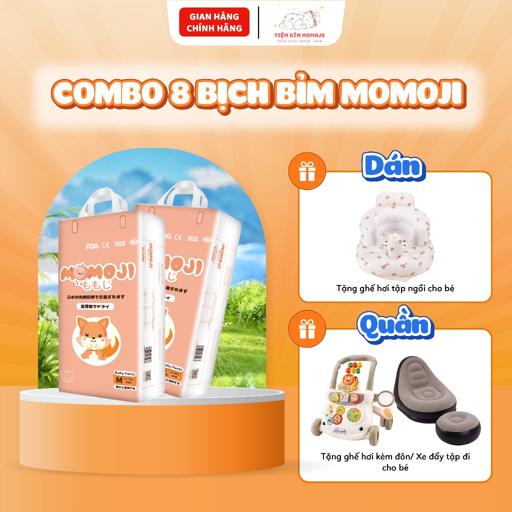 COMBO 8 BỊCH Tã Bỉm Quần Momoji Cho Bé Siêu Thấm Hút Chính Hãng NB64/S60/M56/L54/XL50/XXL48