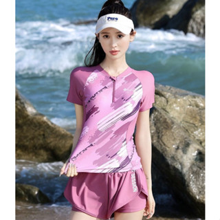Bikini, bộ bơi nữ hai mảnh - Áo tắm cộc tay khoá kéo, quần short đùi 3 lớp, kháng khuẩn, chống nắng, petal pink