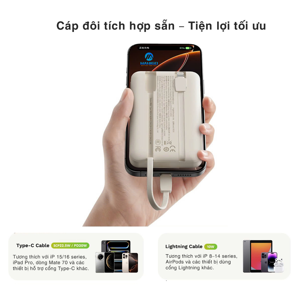 Pin sạc dự phòng tích hợp dây sạc Rockspace P95 sạc nhanh 22.5w 10000mAh hàng chính hãng có BH | BigBuy360 - bigbuy360.vn