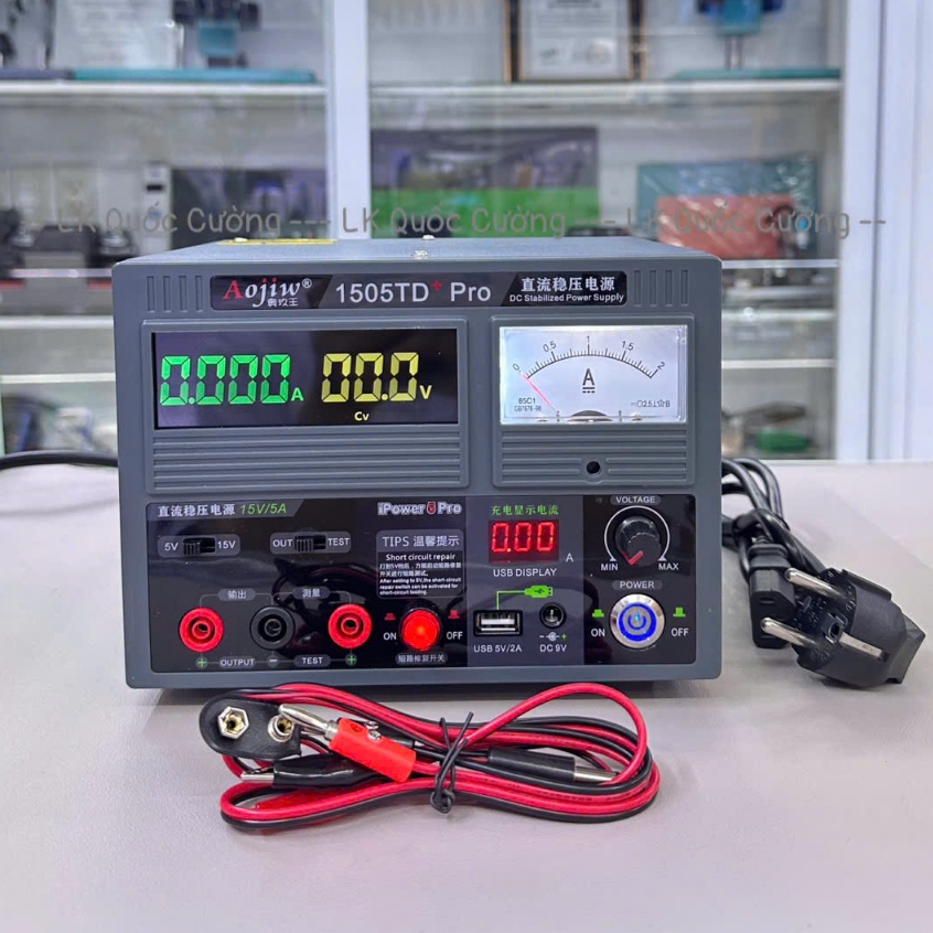 Máy Cấp Nguồn Aojiw 1505TD+ Pro 15V 5A Kết hợp đồng hồ kim và số, bộ hiển thị 4 số chuẩn