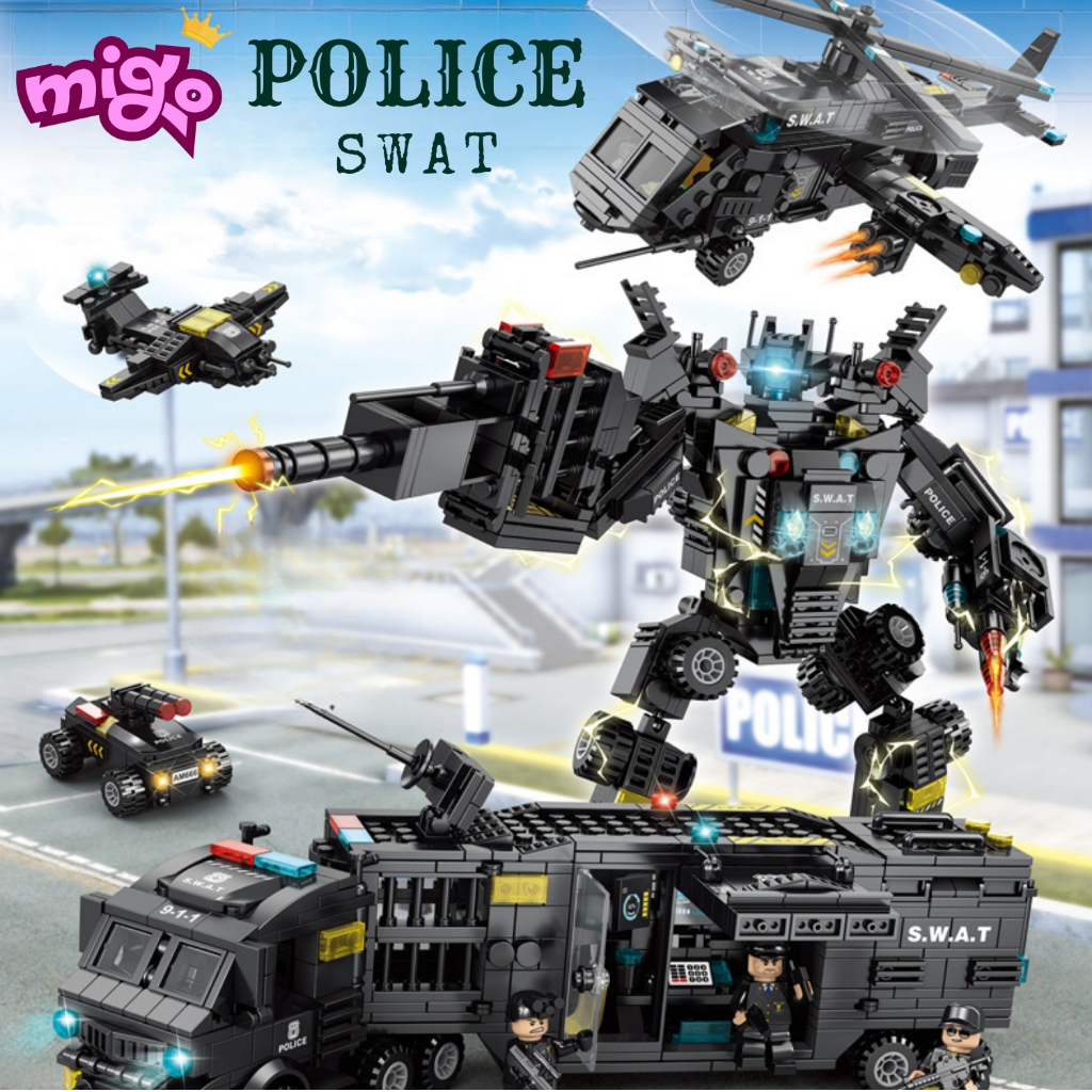 Lắp Ghép Xếp Hình Đội Đặc Nhiệm Swat 920 Chi Tiết, Ô Tô, Cảnh Sát, Robot, Trực Thăng, Xe Swat mã 857