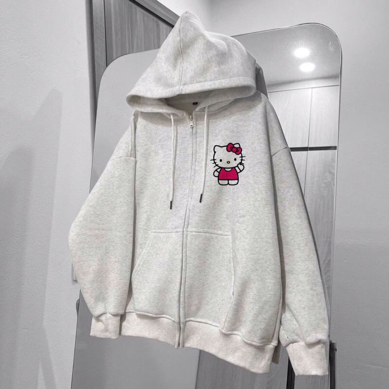 Áo khoác ngoài nữ In logo mèo áo đỏ from rộng 60kg-Áo khóa nỉ in chữ from rộng 38-60kg