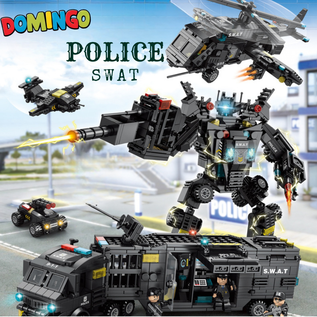 Lắp Ghép Xếp Hình Đội Đặc Nhiệm Swat 920 Chi Tiết, Ô Tô, Cảnh Sát, Robot, Trực Thăng, Xe Swat mã 857