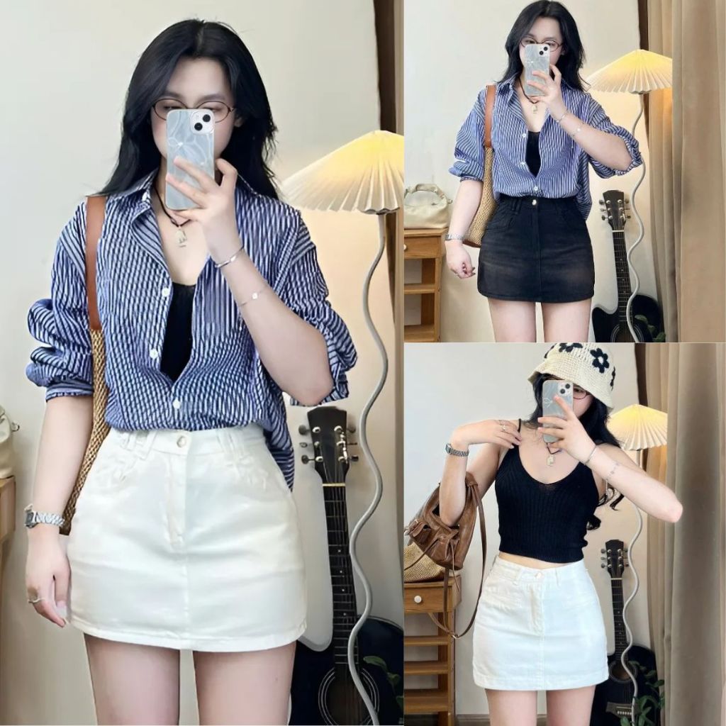 Chân váy Jean Chữ A Màu Trắng MIAA chất Jean Kaki Ngắn nữ Lưng cao Chất bò có quần bảo hộ Jean co gi
