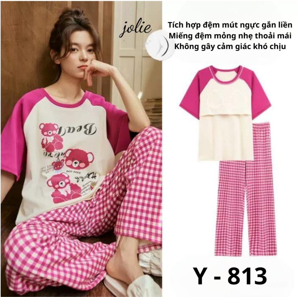Bộ Mặc Nhà Áo Cộc Quần Dài Có Tích Hợp Đệm Ngực Chất Liệu Cotton Mỏng Dễ Thương