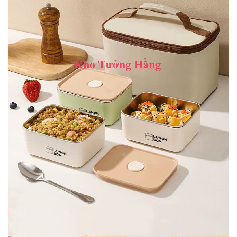 [Mẫu Mới] Hộp Cơm Giữ Nhiệt Văn Phòng 3Tầng - 4 Tầng  Hình Vuông Kèm Túi Cao Cấp Quay Được Lò Vi Sóng Chất Liệu Inox 304