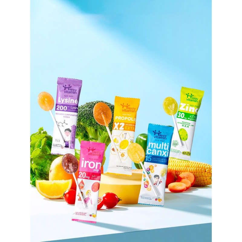 Combo 10 ( tặng 1) Kẹo Mút HAPPY VITAMIN Bổ Xung Sắt,Canxi, Lysin,Zinc,Propolis