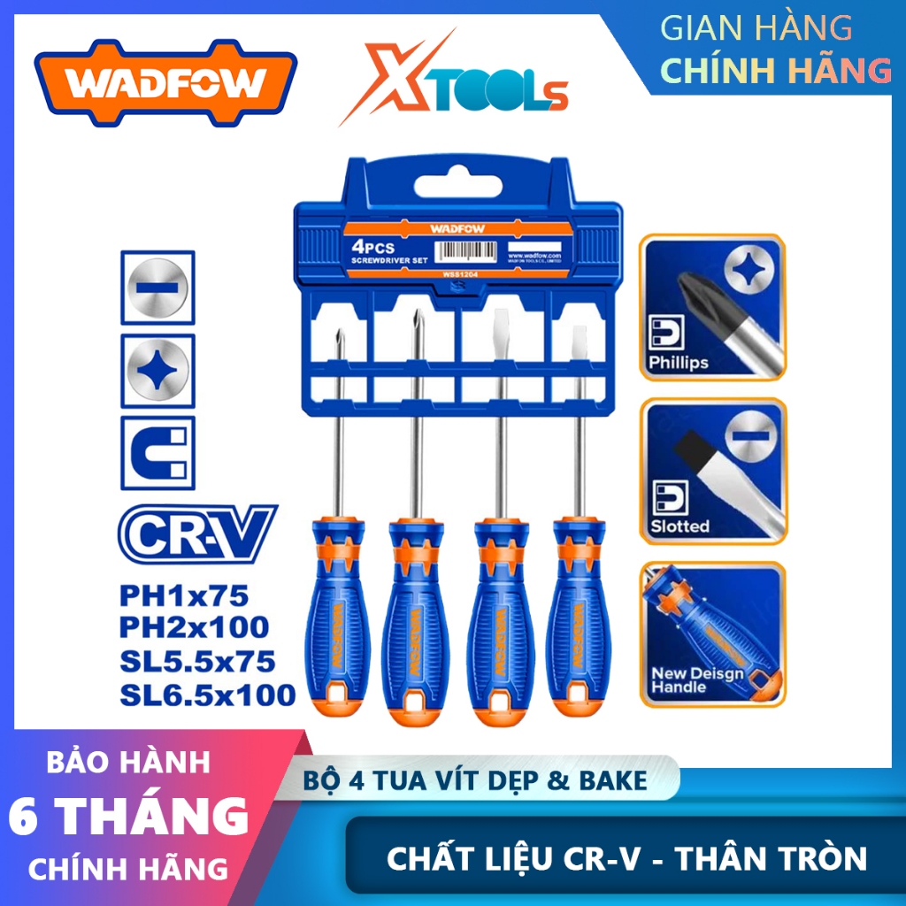 Tuốc nơ vít 4 đầu dẹp và bake WADFOW WSS1204 Bộ tua vít 4 trong 1 SL5.5 SL6.5 PH1 PH2 đa năng vặn si