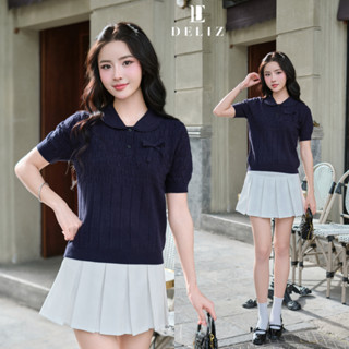 DELIZ - Áo len gắn nơ ngắn tay len lông thỏ vặn thừng mùa hè phối cổ sen đính nơ tiểu thư PL28