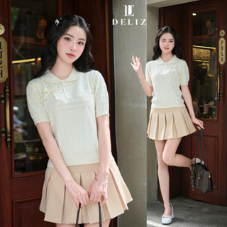 [MỞ BÁN] Áo len polo mùa hè cho nữ đính nơ dệt kim cao cấp màu be tiểu thư PL28 DELIZ