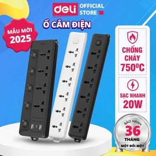 Ổ Cắm Điện Deli Đa Năng Sạc Nhanh 20W TypeC USB - Chống Cháy, Bảo Vệ Quá Tải, Công Suất 2500W