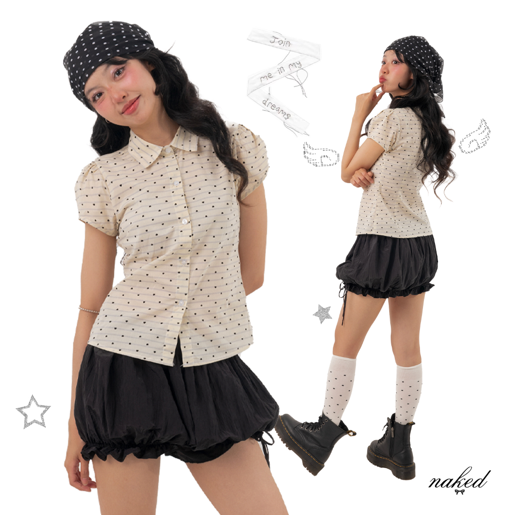 Áo sơ mi tay bồng nữ NAKEDbyV sơmi tay ngắn dáng babytee kẻ phối chấm bi LULU SHIRT | BigBuy360 - bigbuy360.vn