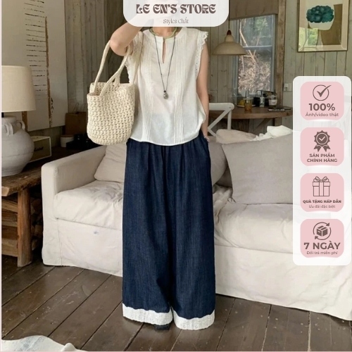 Quần Ống Rộng Nữ Dáng Suông Phối Ren gấu Tiểu Thư Leen'sStore, Quần Vải Denim Mềm Mát Lưng Thun Co G