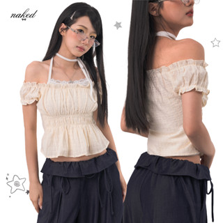 Áo trễ vai nữ NAKEDbyV áo kiểu bèo nhún vai tôn dáng (KHÔNG KÈM ÁO TRONG) SCRUNCHED LACE TOP (Ver 1 và Ver 2)