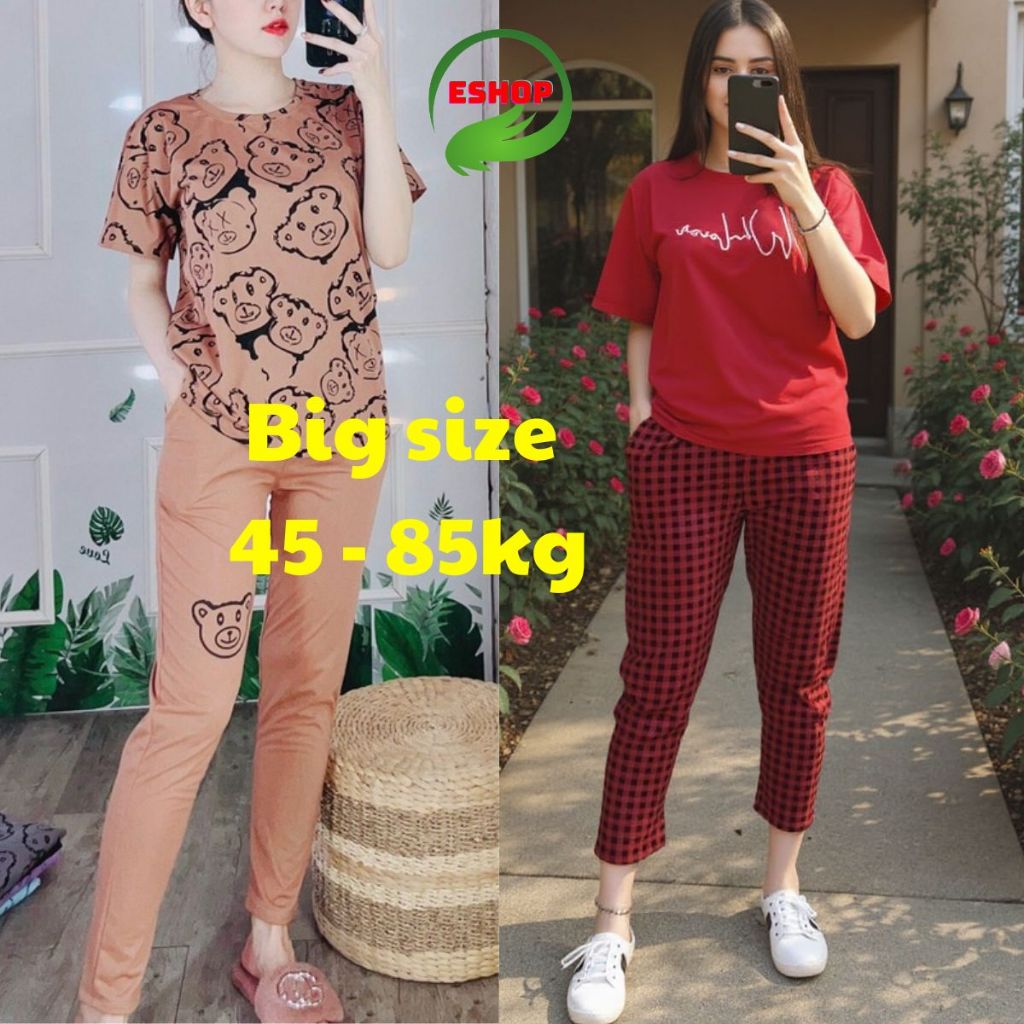 Đồ bộ mặc nhà ESHOP bigsize thun cottton quần dài thể thao ngủ đi chơi mùa hè trung niên đẹp dễ thươ