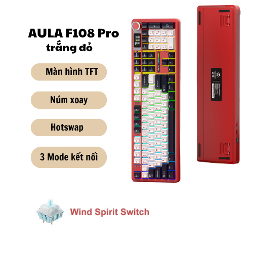 Bàn Phím Cơ Không Dây AULA F108 pro - 3 mode - Mạch Xuôi - Màn hình TFT - LED RGB - Có App - Núm xoay | BigBuy360 - bigbuy360.vn