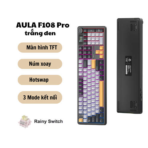 Bàn Phím Cơ Không Dây AULA F108 pro - 3 mode - Mạch Xuôi - Màn hình TFT - LED RGB - Có App - Núm xoay | BigBuy360 - bigbuy360.vn