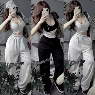 Set Áo Thun Cổ U Croptop Trơn Basic Bo Eo Quần Suông Dài Da Cá Set Thể Thao Cá Tính - Thời Trang Nữ Giá Rẻ