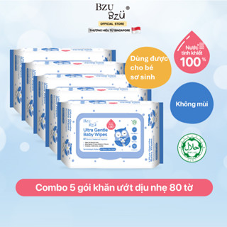 Combo 5 Khăn Ướt Không Mùi, Không Cồn, Không Parabens, An Toàn Cho Mẹ và Bé BZU BZU Ultra Gentle Baby Wipes 80 tờ