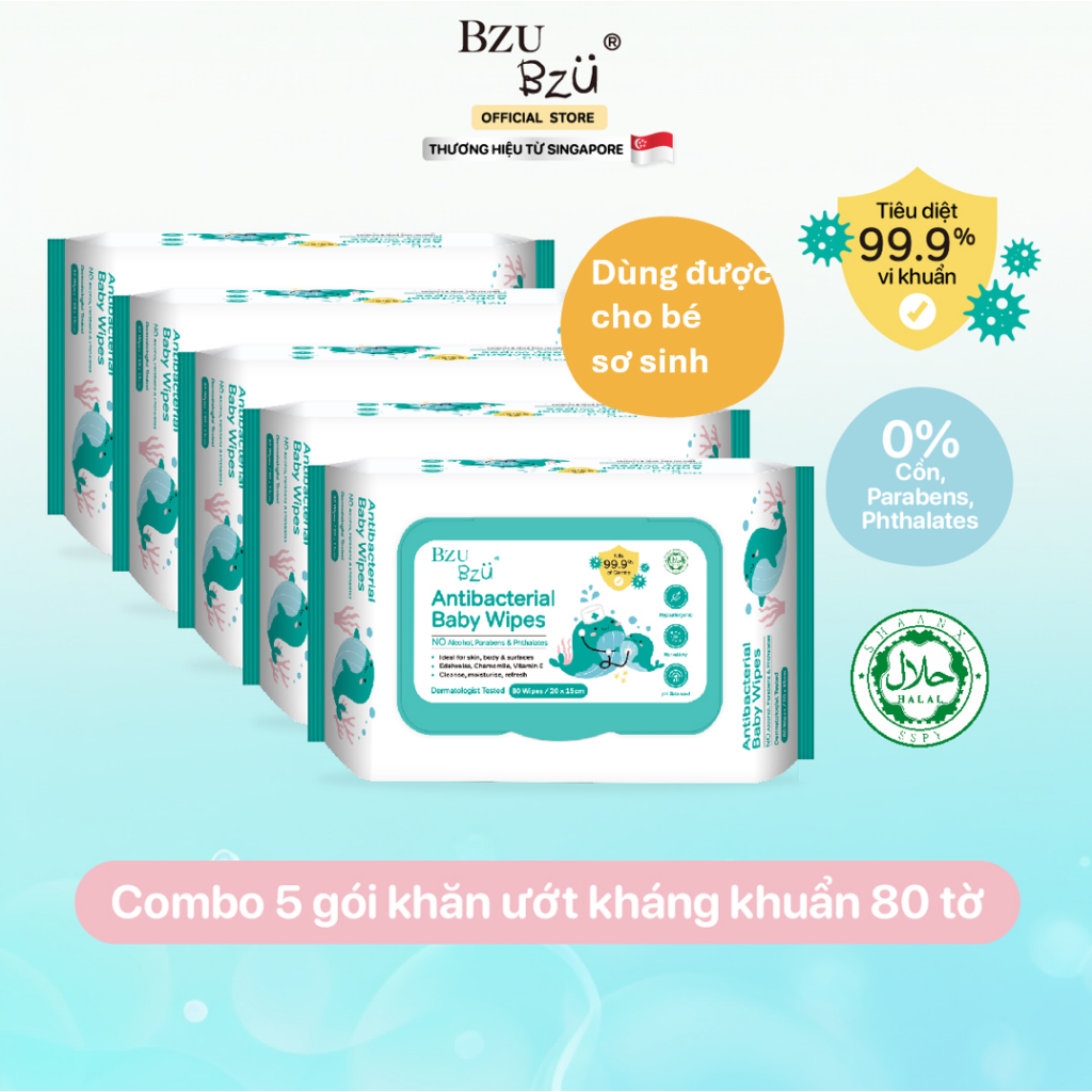 Combo 5 Khăn Ướt Kháng Khuẩn, Không Cồn, Không Parabens An Toàn Cho Mẹ và Bé BZU BZU Anti-Bacterial Baby Wipes Gói 80 Tờ