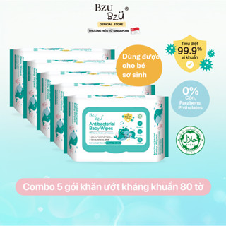 Combo 5 Khăn Ướt Kháng Khuẩn, Không Cồn, Không Parabens An Toàn Cho Mẹ và Bé BZU BZU Anti-Bacterial Baby Wipes Gói 80 Tờ