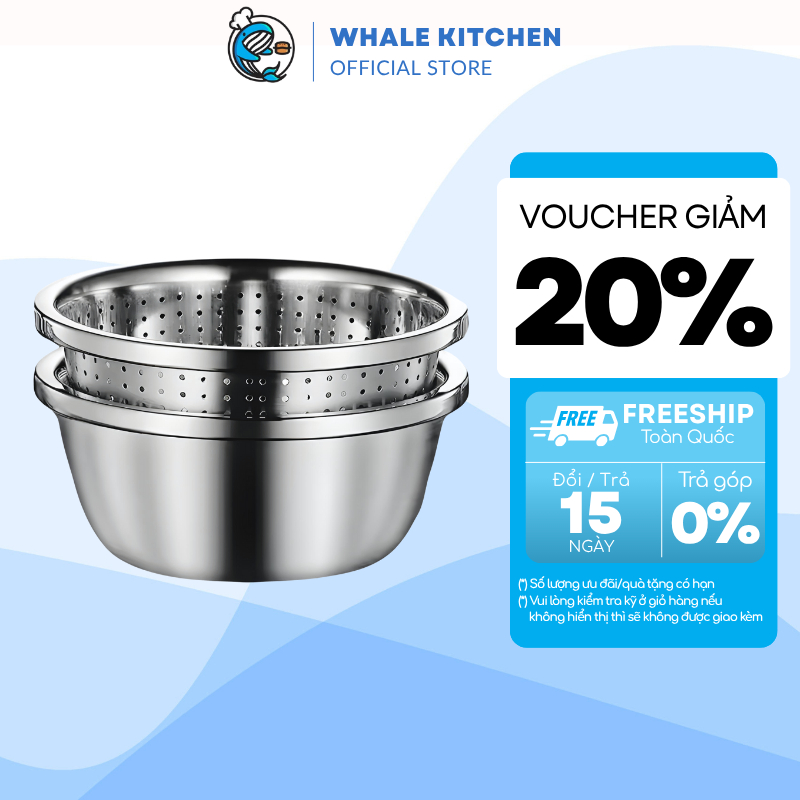 Bộ thau rổ inox, thau inox, thau inox size đại, chậu inox cao cấp, đa năng tiện dụng, 22-28cm
