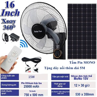 quạt năng lượng mặt trời 16 inch treo tường solar fan động cơ không chổi than 25000 mAh có điều khiển