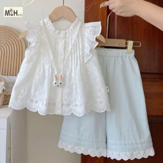 Set bộ bé gái, Áo sơ mi trắng tay cánh tiên , thô boil & quần dài đáp ren gấu cho bé đi học đi chơi từ 15-30kg Home Kids