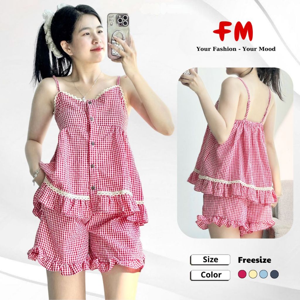 Đồ Bộ Ngủ Ngắn Nữ FMSTYLE Quần đùi+Áo 2 dây caro phối viền ren xinh xắn dễ thương Freesize 25060754
