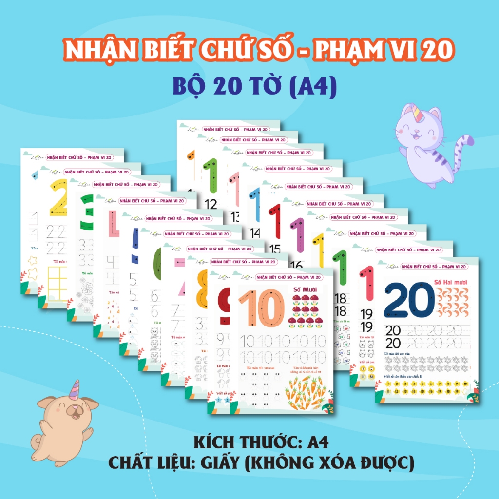 Luyện viết số từ 1-20 giúp bé nhận biết với chữ số được làm từ chất liệu giấy a4 in màu