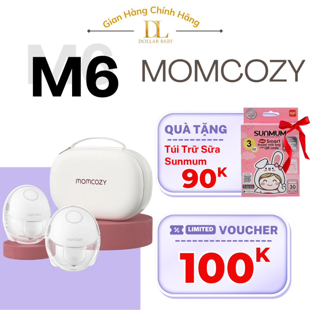 Máy Hút Sữa Momcozy M6 - Rảnh Tay, Không Dây, Phễu Nghiêng 105 Độ - Chính Hãng.